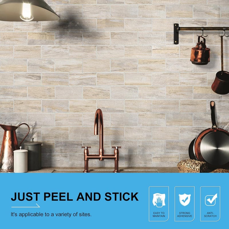 V-MOZZA 20-Sheet Peel and Stick Backsplash, Subway Tile Wall Tiles 13.5" x 5.8" 3D PVC Adhesive Stick on Tile Stick for Kitchen Fireplace (Greek Beige Marble) - Image 2